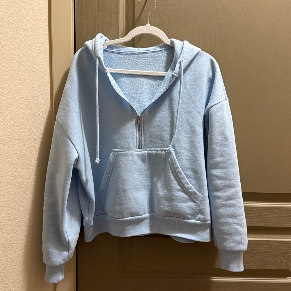 Crop Light Blue Quarter Zip-Up Hoodie